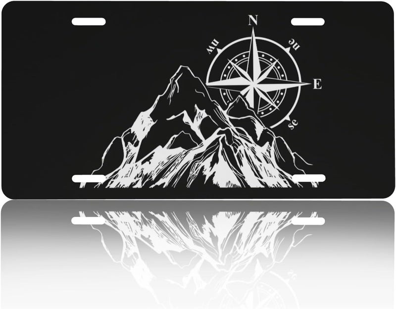 CTVSLFU Front License Plate Cover – Aluminum Metal Car Accessory, Rust-Proof Novelty Vanity Tag Decor for Men & Women, 6x12 with 4 Holes - Mountain Compass 018 - Image 1